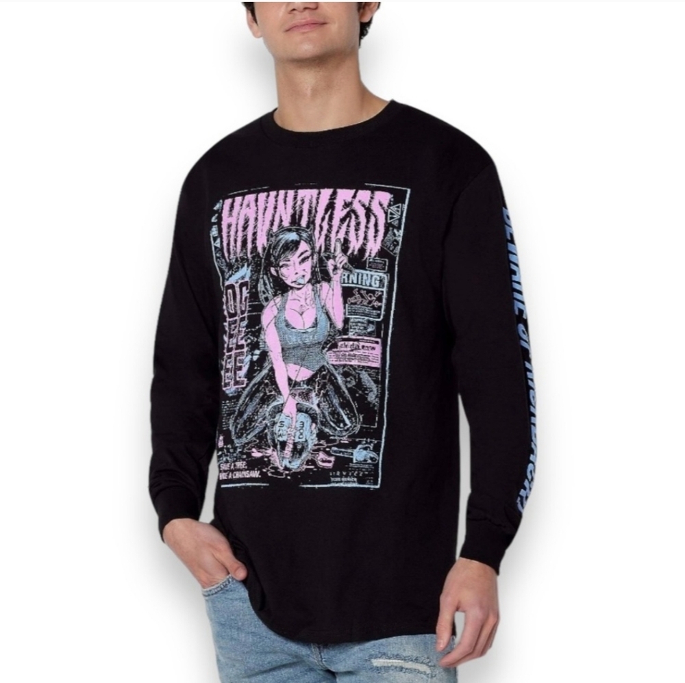 Spencer's M Hauntless DeeGee Chainsaw Long Sleeve Graphic Tee Goth Bikercore